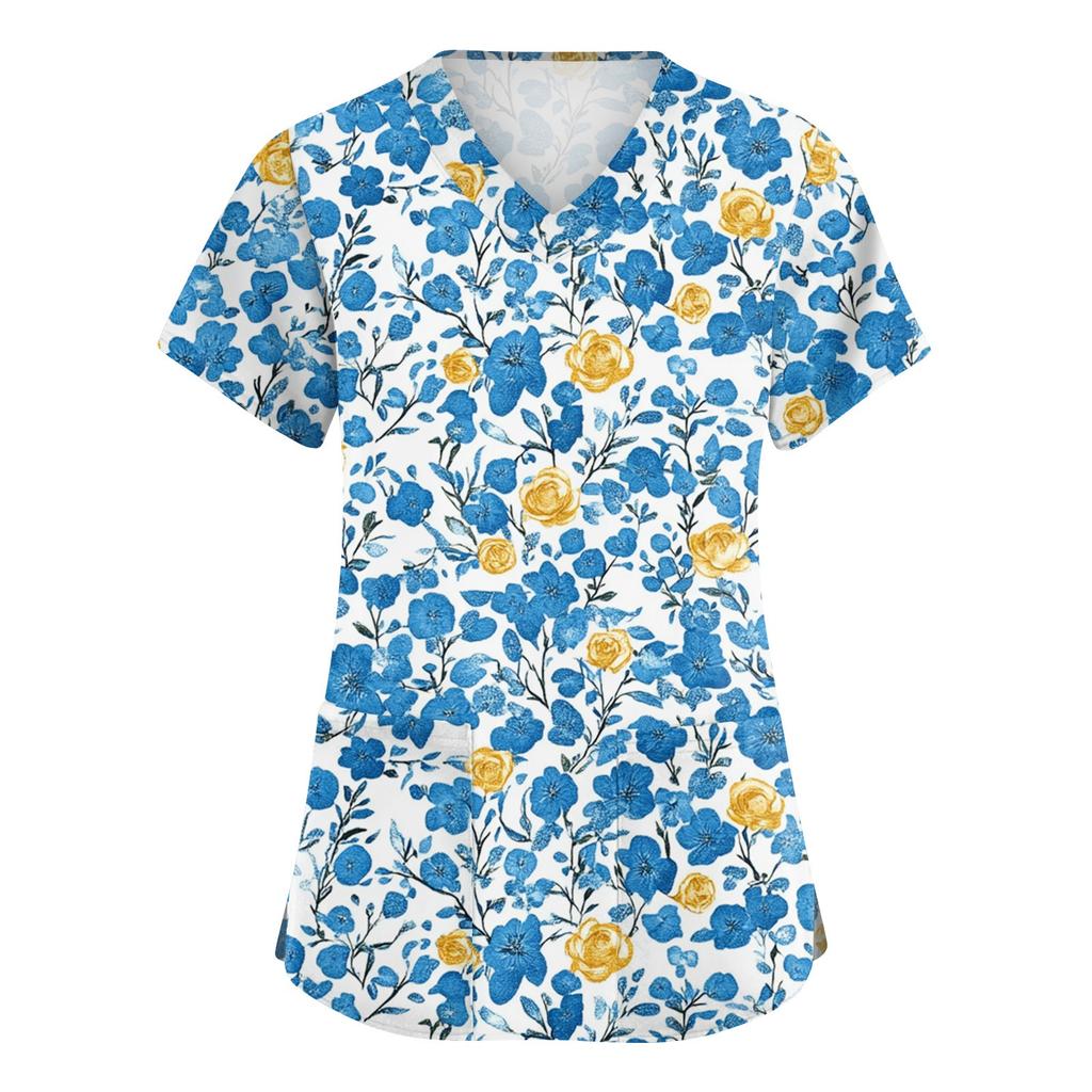 Damen Modische V-Ausschnitt Arbeitskleidung Bedruckt Kurzärmlig Tasche Seitenschlitz Arbeitskleidung Basic Pullover Top