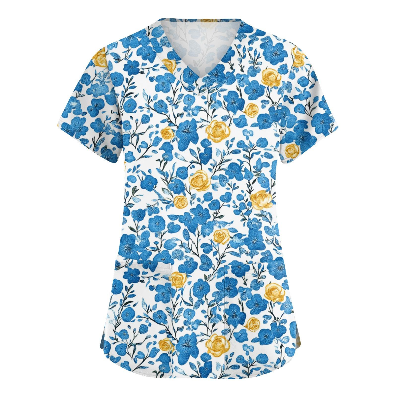 Womens Spring Tops V Neck Floral Print Summer Shirts for Women Short Sleeve Lightweight Womens Summer Shirts Tunic Style L синий
