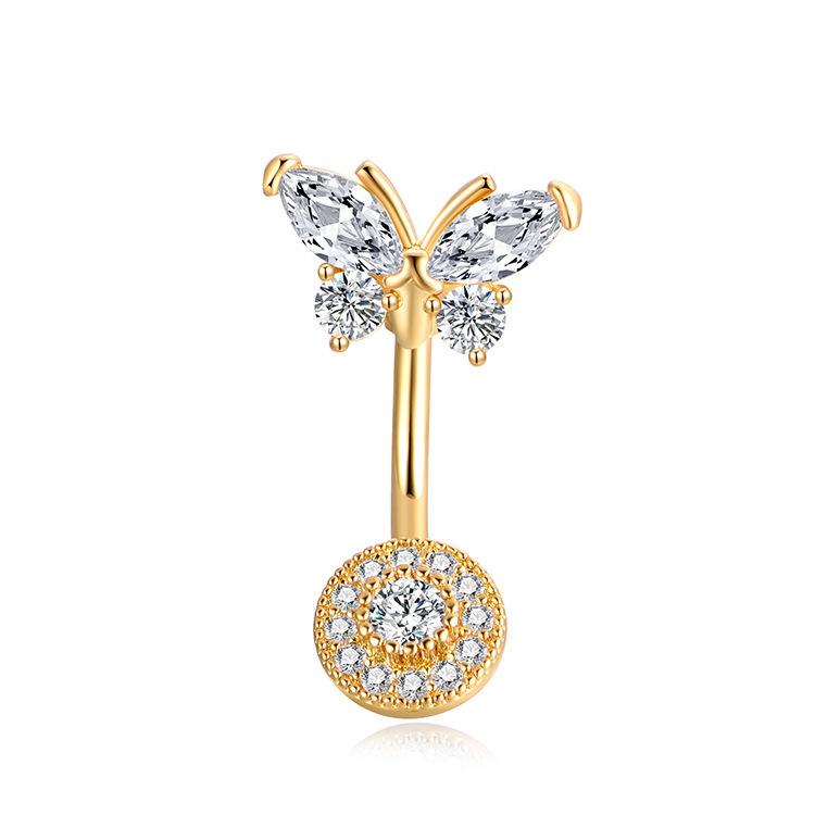 Exotic Butterfly Heart Bow Zircon Inlaid Navel Ring, 316 Stainless Steel, European & American Style