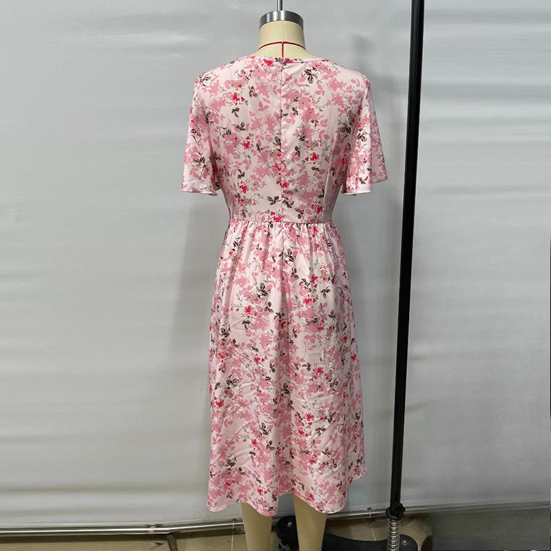 Summer Short Sleeve Women Printed Loose Dress Fashion V-neck Ruffle Lace Up A Line Floral Casual Dresses Women Elegant Slim Vintage Sexy Dress 26175