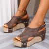 Retro Thick Sole Wedge Sandals for Women Summer Peep Toe Chunky Platform Sandals Woman Hollow PU Leather Roman Sandalias Mujer