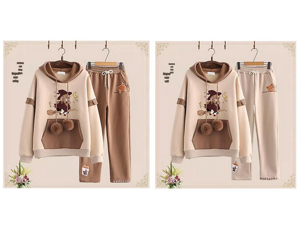 Podzimní/Zimní Sametová Zesílená Dvoudílná Sada pro Dívky (Věk 12-15): Mikina a ležérní sportovní oblečení
