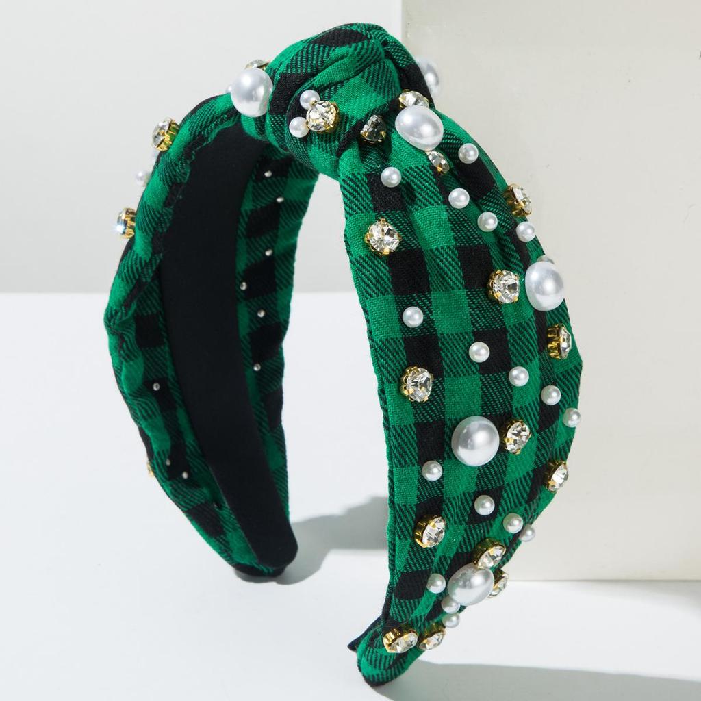 Fashionable Classic Plaid Fabric Headband Women's Nail Bead Rhinestone High-end Feeling Small Fragrance Hair Accessory