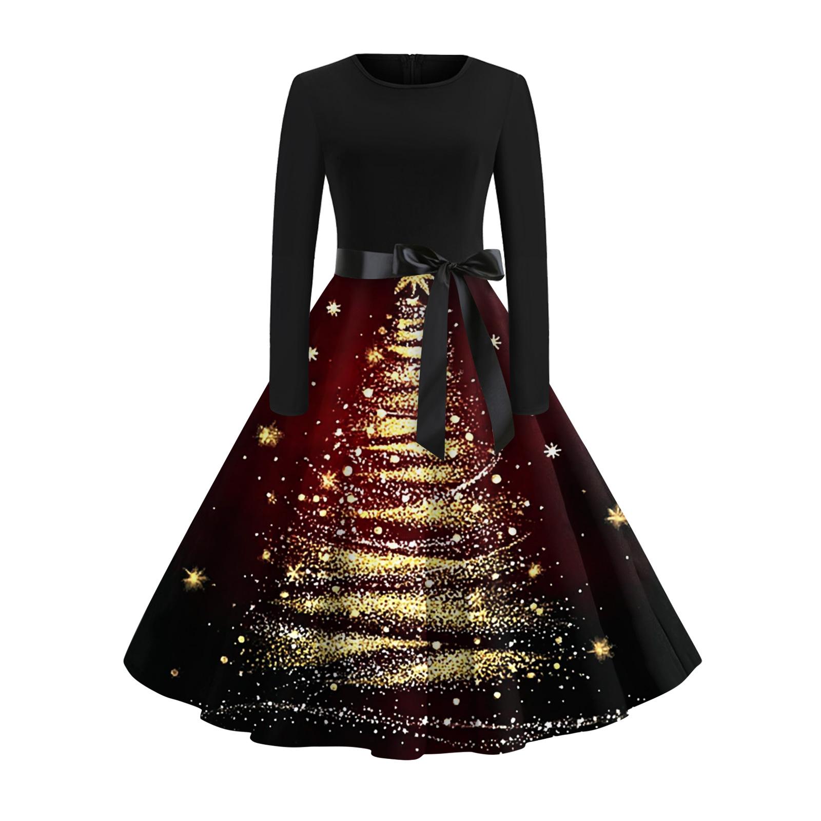 

Женское модное и элегантное платье с длинными рукавами и принтом рождественской елки для осени и зимы XL арбуз красный