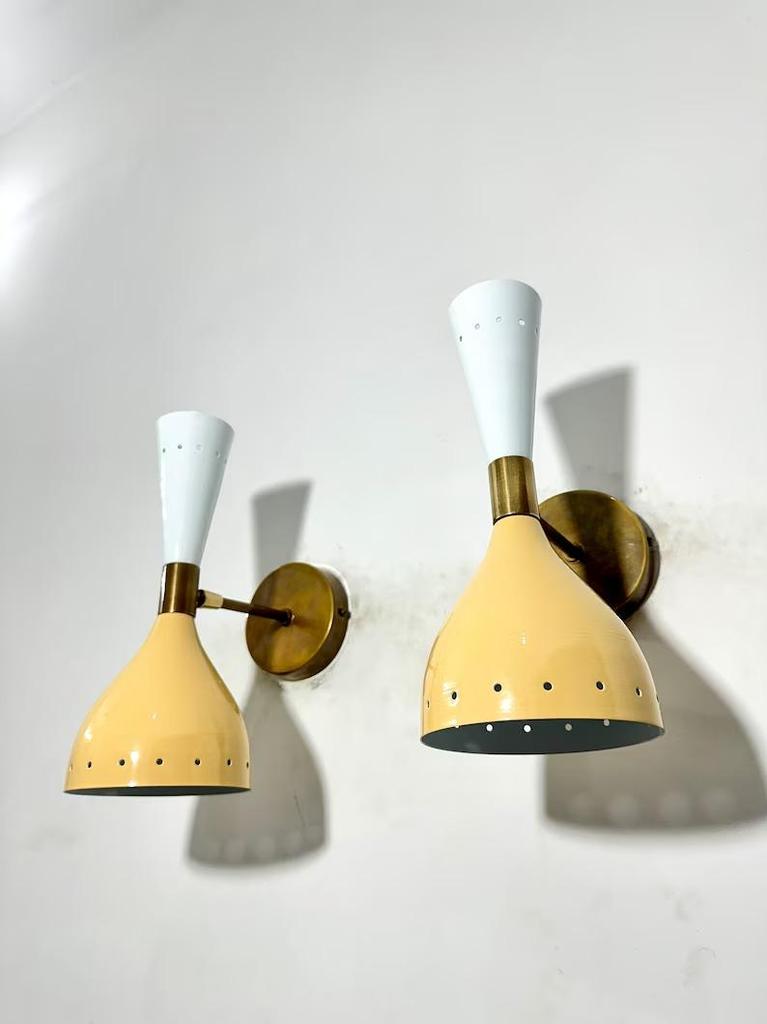 Mid Century Italian Brass Wall Sconce Pair: Beige & White Diablo Lights