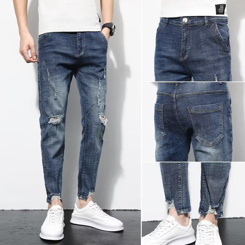 

Джинсы мужские, лето 2023, рваные эластичные облегающие джинсовые брюки, модные брюки до щиколотки в корейском стиле, повседневные брюки с ремешками до щиколотки