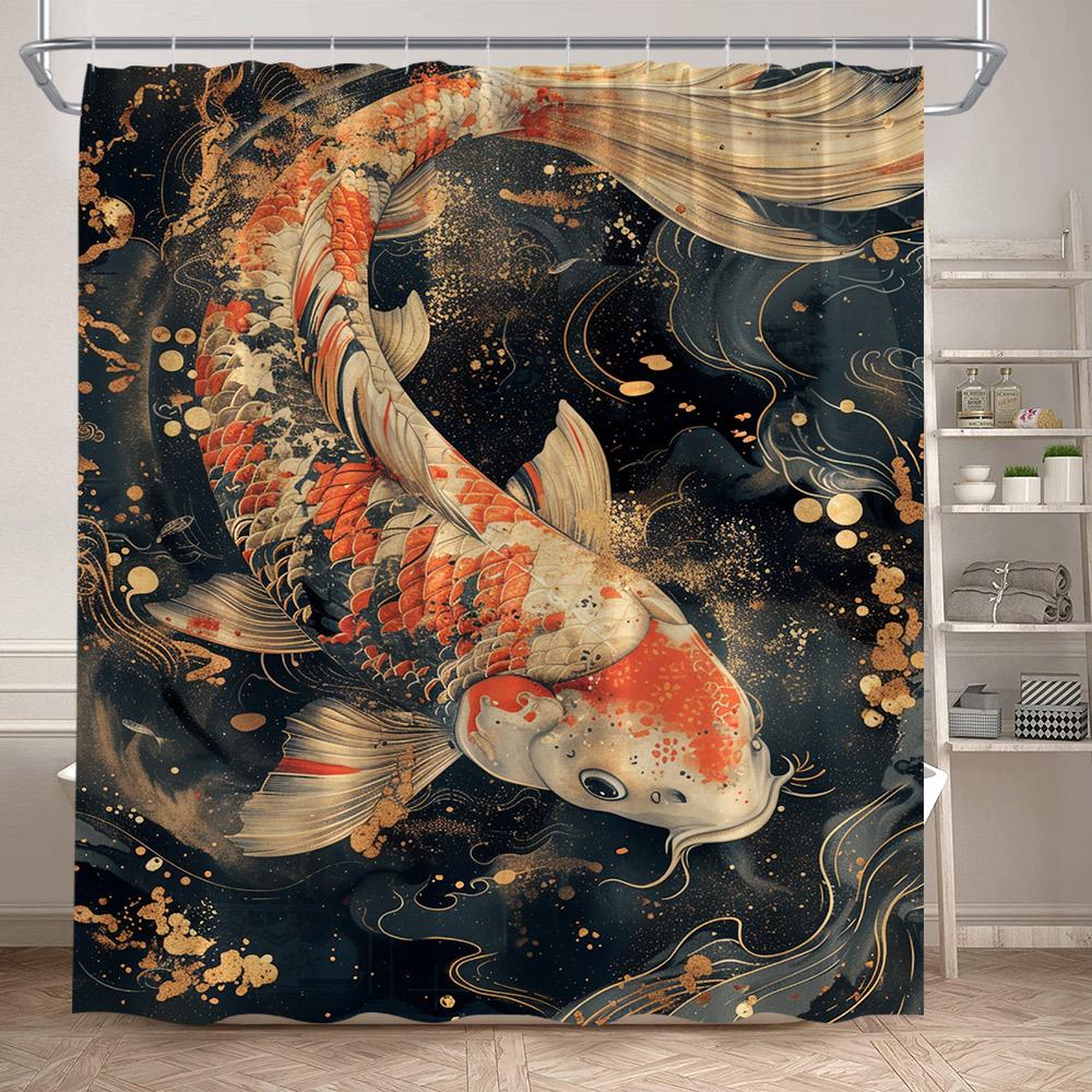 Pink Cherry Blossom Koi Fish Shower Curtains Watercolour Floral Lotus Leaves Carp Japanese Style Bathroom Curtain Set Home Decor