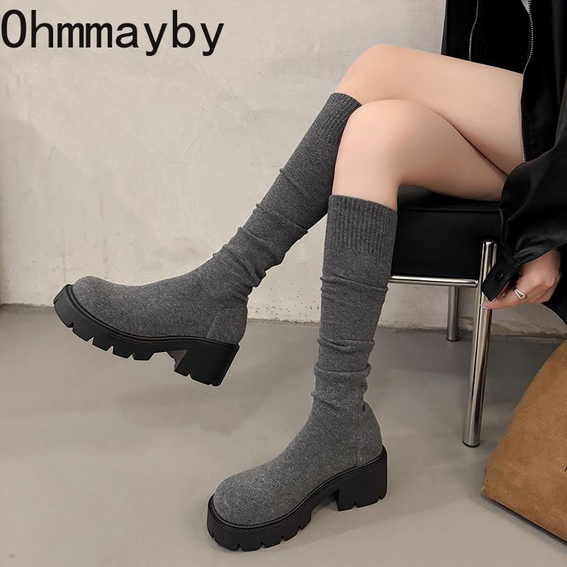 Winter Fashion Stretch Fabric Women Over The Knee Sock Boots Street Style Thick Heel Party Stripper Female Silm Long Booties