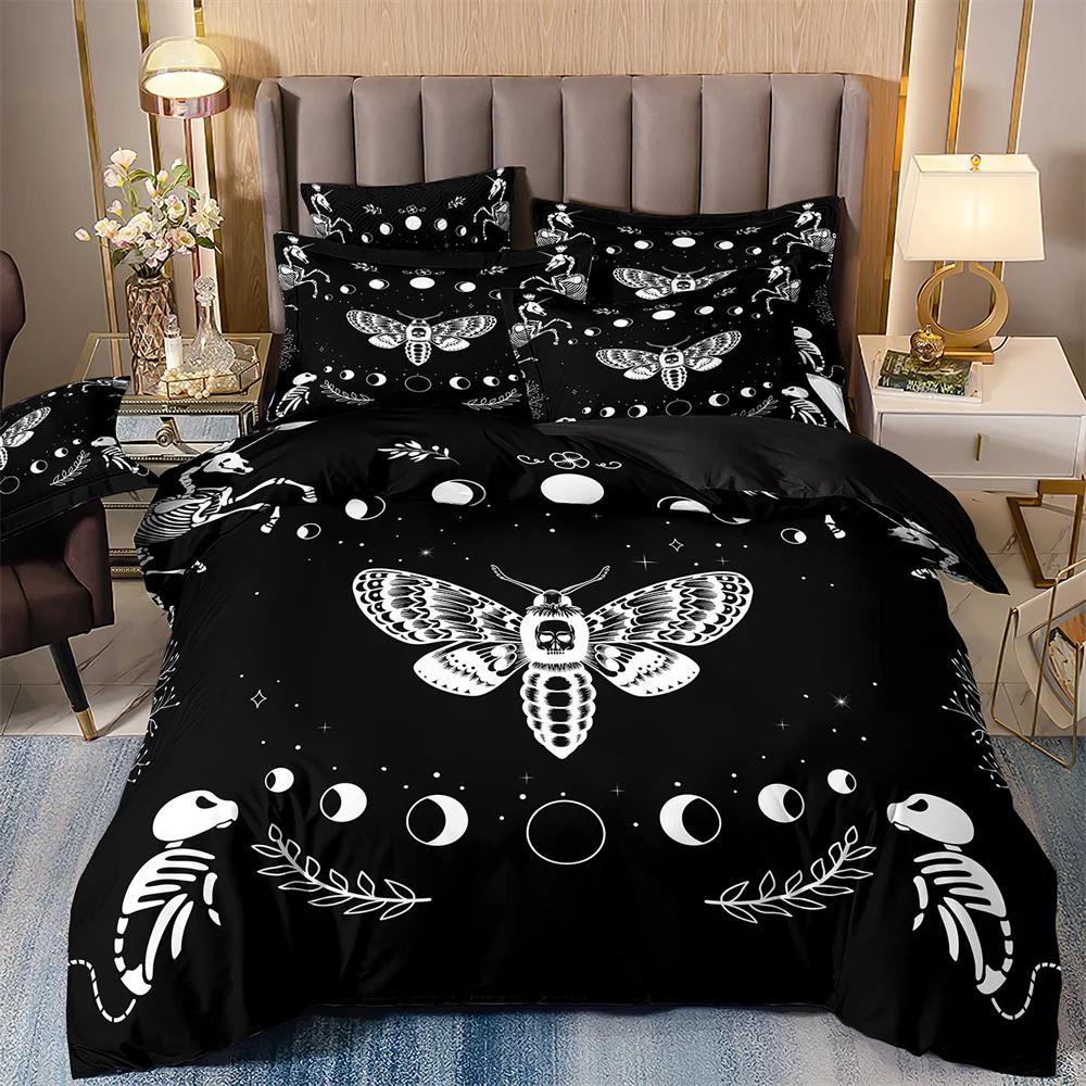 Luxury Black Bedding Set With Galaxy Print, Galaxy Duvet Cover, Galaxy, Starry Sky, Butterfly, Skull, Moth,Halloween Quilt Sets