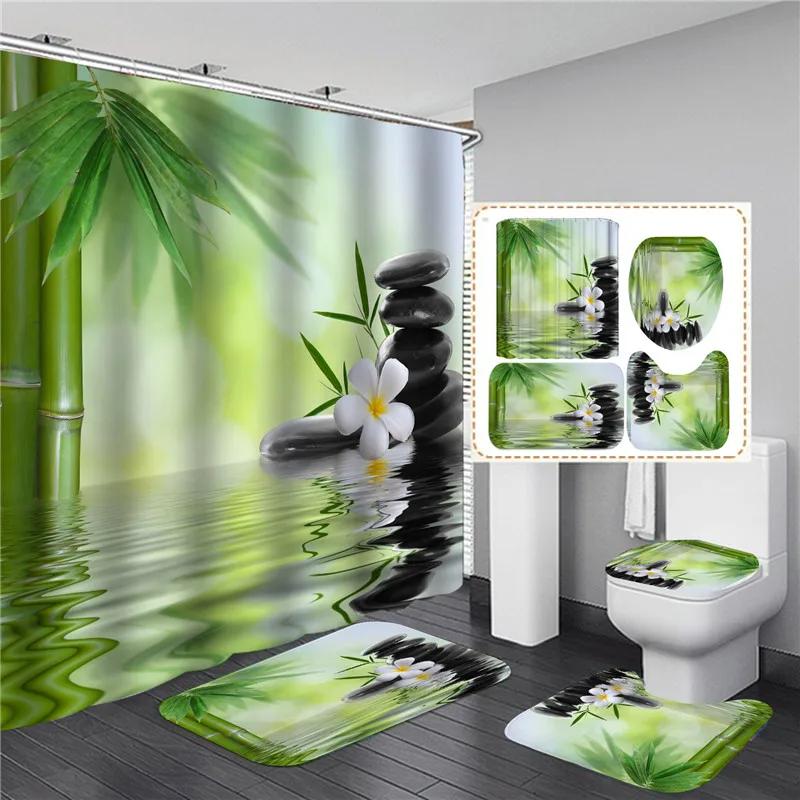 Full Set Bathroom Shower Curtain Set And Rugs Waterproof Fabric Furniture Accessory Zen Flow Water Bamboo For Bath Decoration