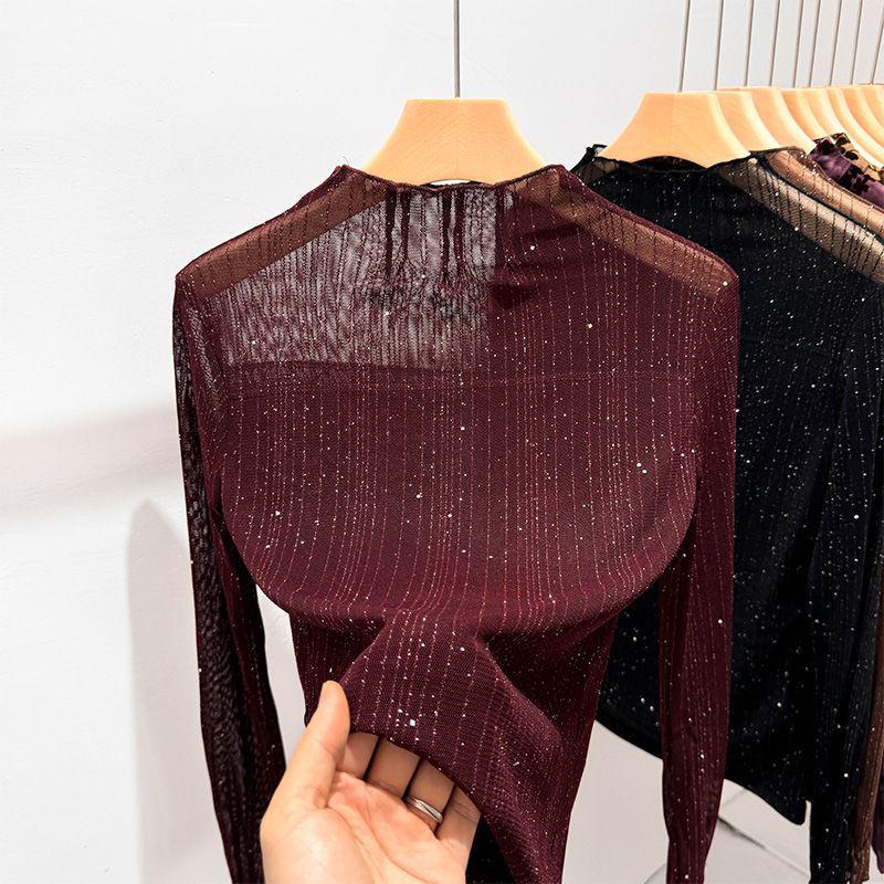 Women's Sparkling Semi-High Neck Mesh Base Layer: 2026 Slim Fit Long Sleeve T-Shirt, Shiny Silk for Spring/Autumn