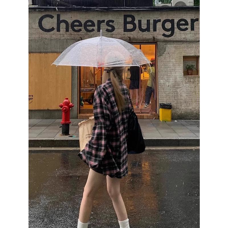 Women's Retro Black & Pink Plaid Shirt - Spring/Autumn 2024 Collection: Loose, Casual, Lazy Style, Long Sleeve Jacket Design.