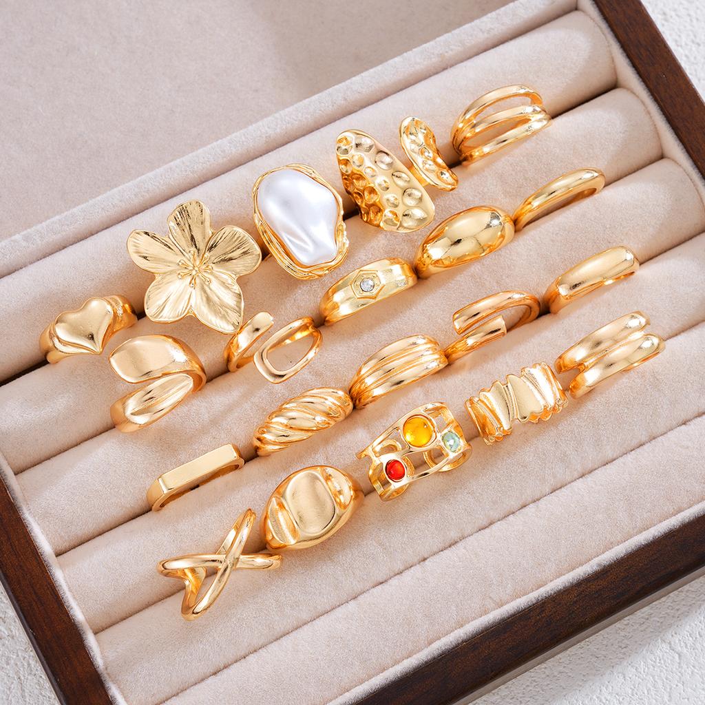 Retro Kreativ Blume Strass Design Ringe Set Für Frauen Mode Elegant Einfach Perle Geometrisch Dick Ring Täglich Datum Schmuck