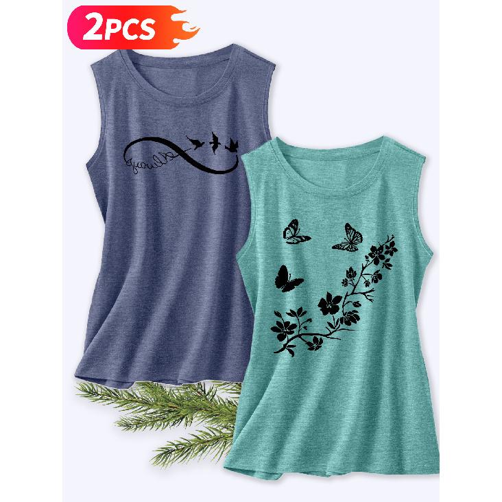 Follow a Specific Direction Two-piece Women's Tank Top with Butterfly and Floral Print Elegant Summer Party Outfits Sleeveless Vest Essential Fashion