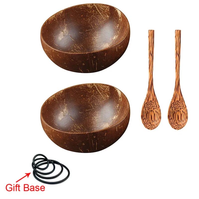 12-15cm  Natural Coconut Bowl Set Wooden Salad Ramen Bowl Coconut Wood Spoon Set Coco Smoothie Kitchen Tableware Coconut Bowl