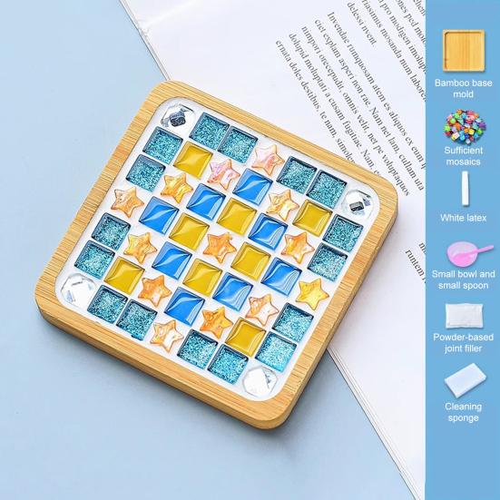 DIY Glass Mosaic Tile Coaster Set Mixed Color Mosaic Kit with Wooden Coaster Kids Adults Handmade Mosaic Crafts Coaster with Accessories