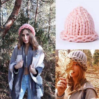 Women Fashion Winter Wool Hat Cap Handmade Thick Coarse Lines Knitted Beanie Caps