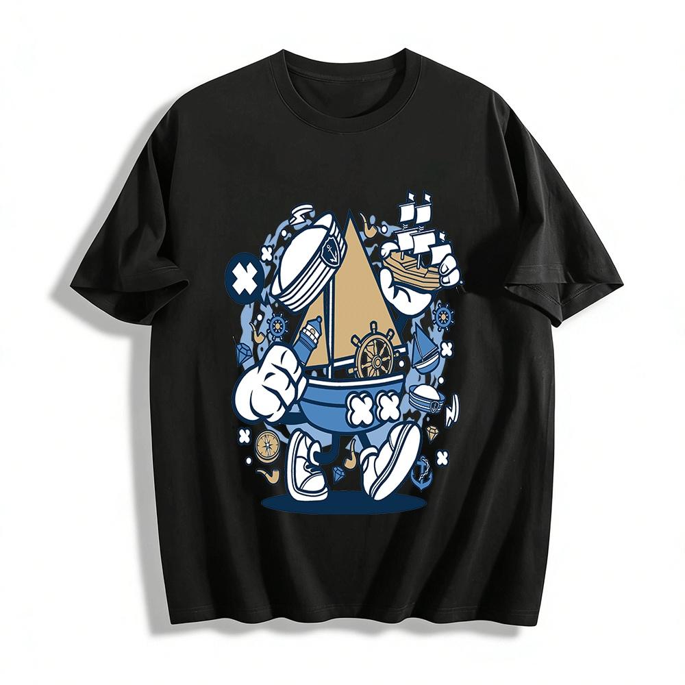 

Sailor Style Cartoon Sailboat Print Casual T-Shirt Pure cotton T-shirt XXS