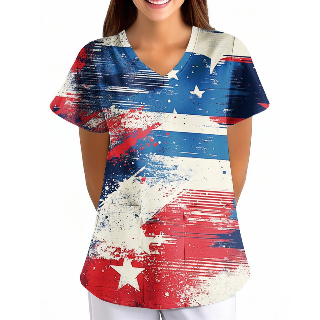 Women's Independence Day Printed Loose V-Neck Pocket Short-Sleeved  Clothing
