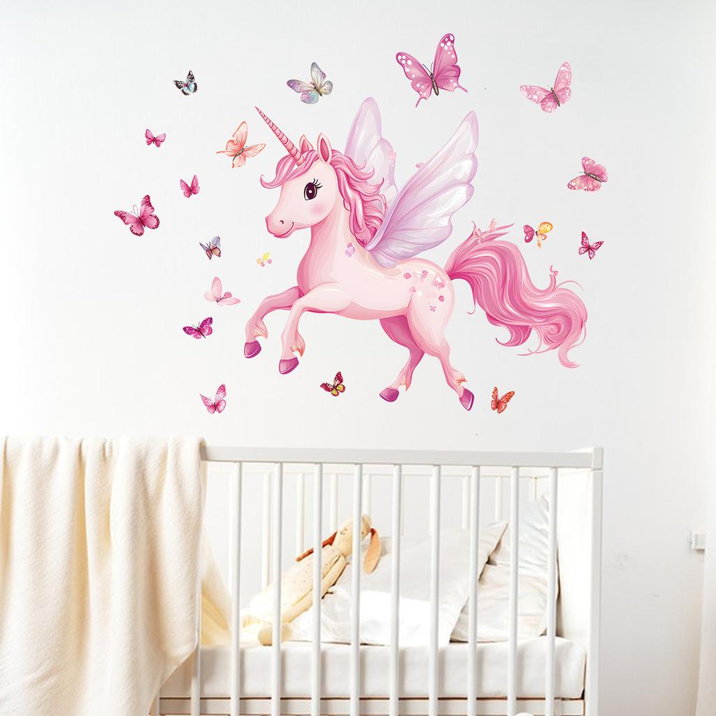 Creative Pink Butterfly Unicorn Wall Stickers, Fantasy Background Decals for Kids Room Bedroom, Removable