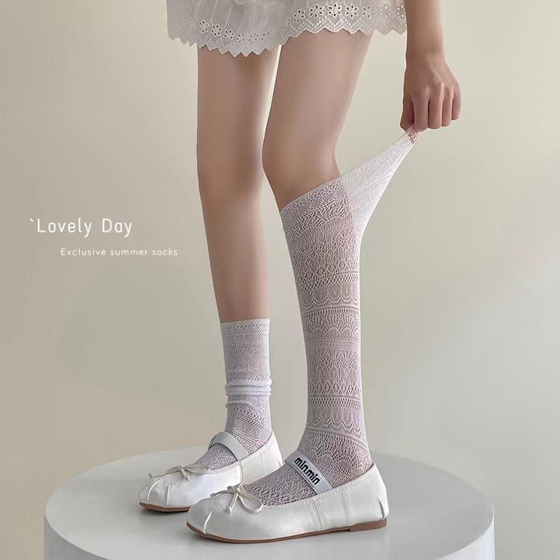 Summer Thin Solid Color Mesh Hollow Socks for Women Jk Slimming Knee-high Socks In Ballet Style, Vintage High Socks