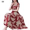 Lady Fashion Floral Print Tight Waist Large Swing V-Neck Short Sleeve Maxi Dress