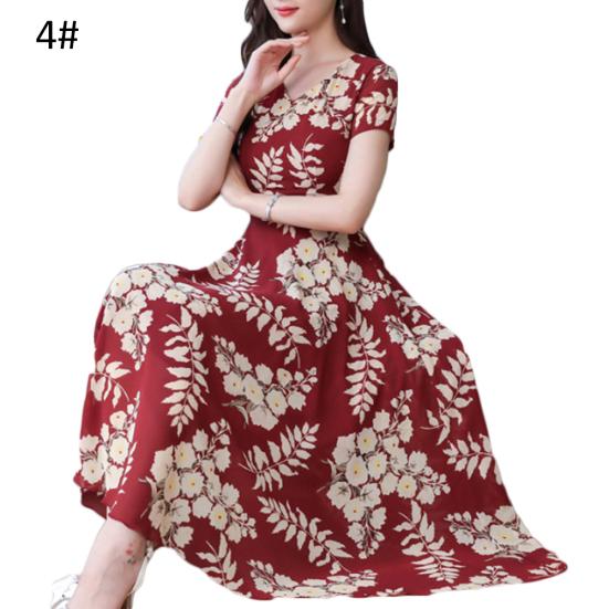 Lady Fashion Floral Print Tight Waist Large Swing V-Neck Short Sleeve Maxi Dress