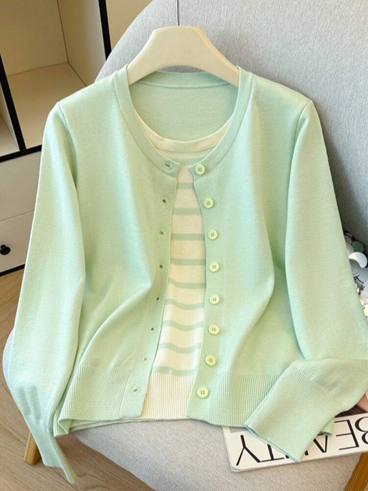 2026 Autumn Korean Style Two-Piece Knit Cardigan: Women's Round Neck Long Sleeve Striped Patchwork Sweater.