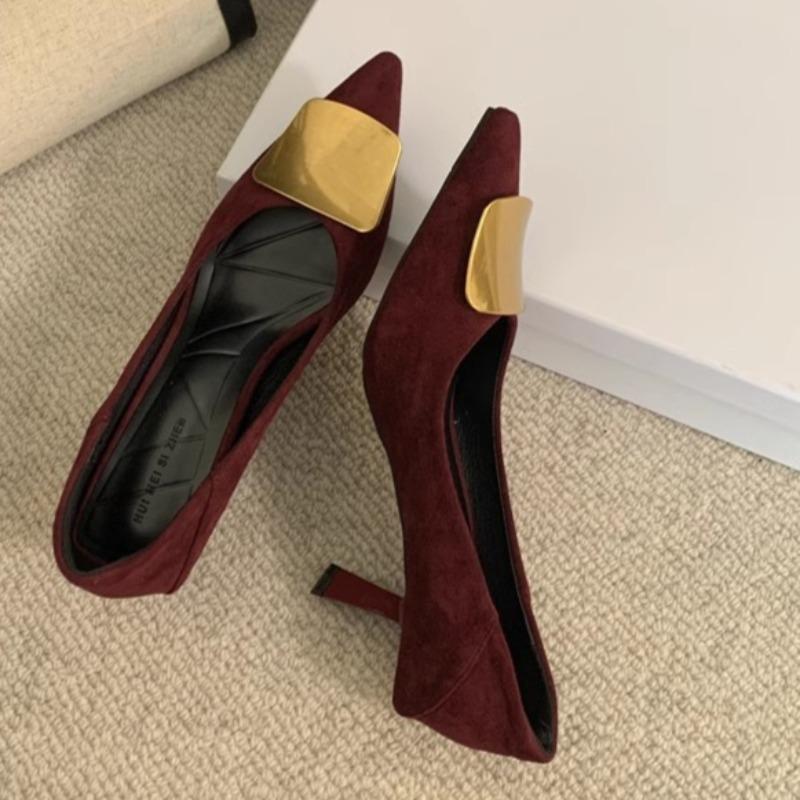 Fashion Autumn New Thin Heel Single Shoes Women's Fashion Pointed Shallow Mouth Suede Metal Buckle Non-slip High Heels