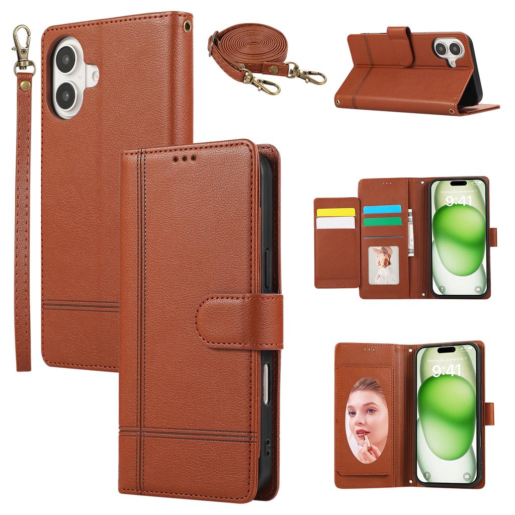 Für iPhone 16 Hülle Mehrere Kartenfächer Reißverschluss Leder Handyhülle mit Schultergurt/Handschlaufe