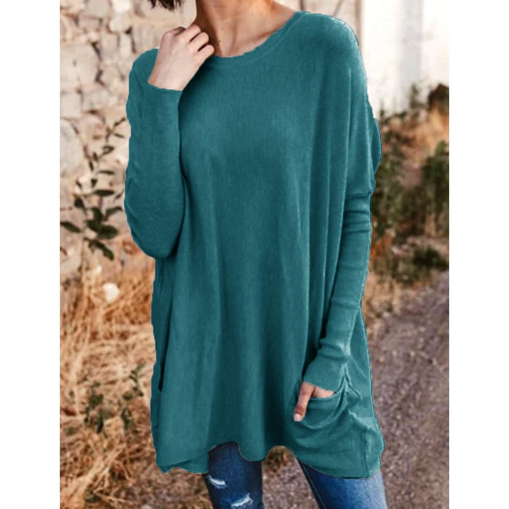 

Весенне-осенняя футболка с длинным рукавом и круглым вырезом, повседневные однотонные женские свободные футболки с карманами 3XL