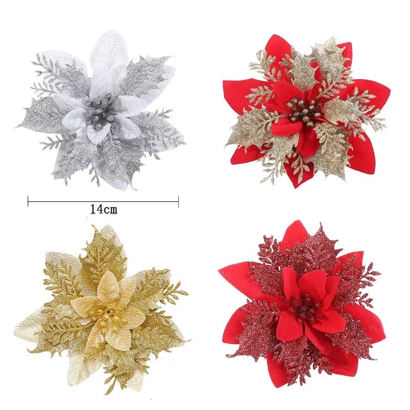 5PCS Glitter Poinsettia Artificial Xmas Flowers Ornaments for Christmas Tree Decorations Fake Flowers Head Christmas Decoration
