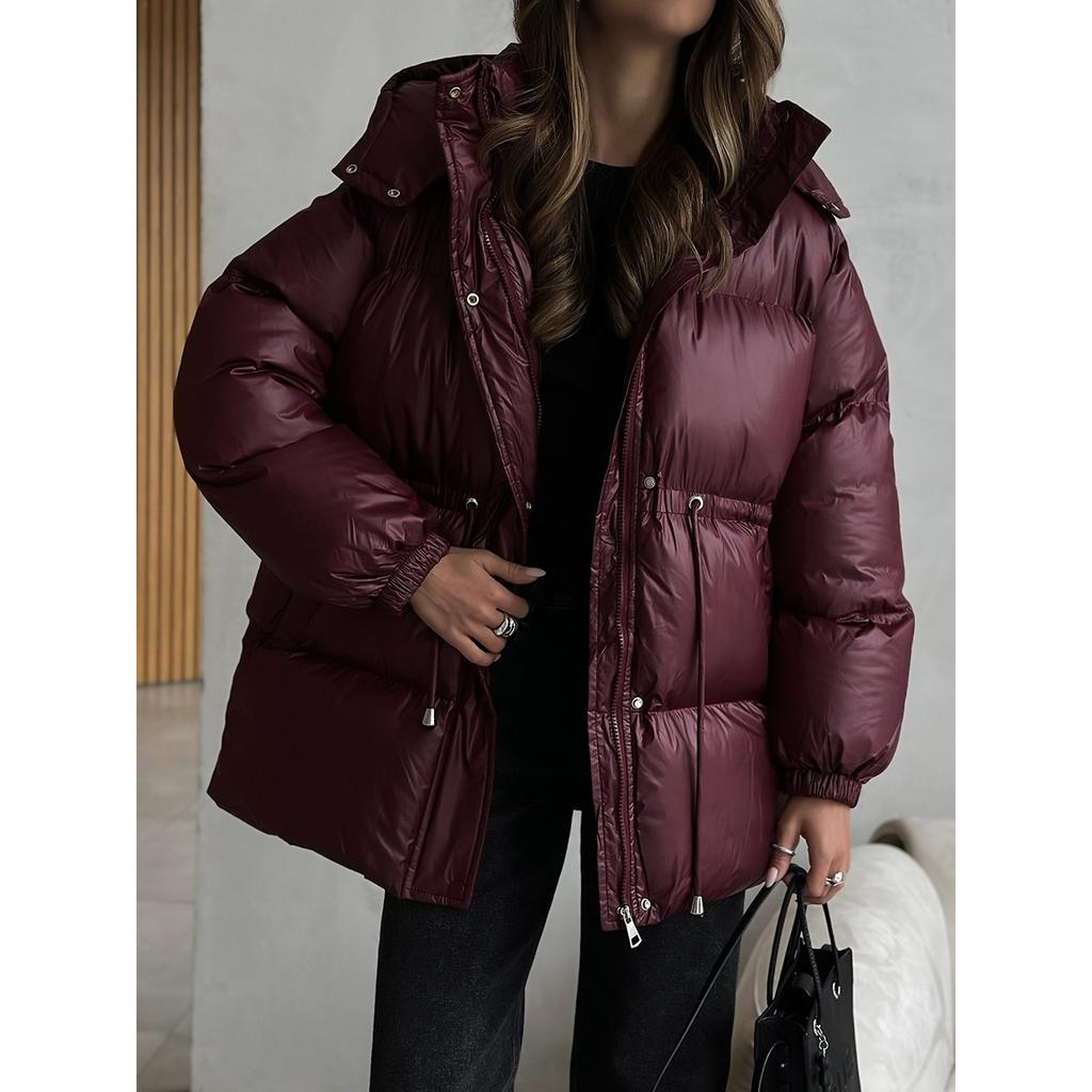 2025 Winter New Women's Drawstring Slim Fit Cotton Coat with Hood Zipper Warm Comfortable Outerwear for Europe and America