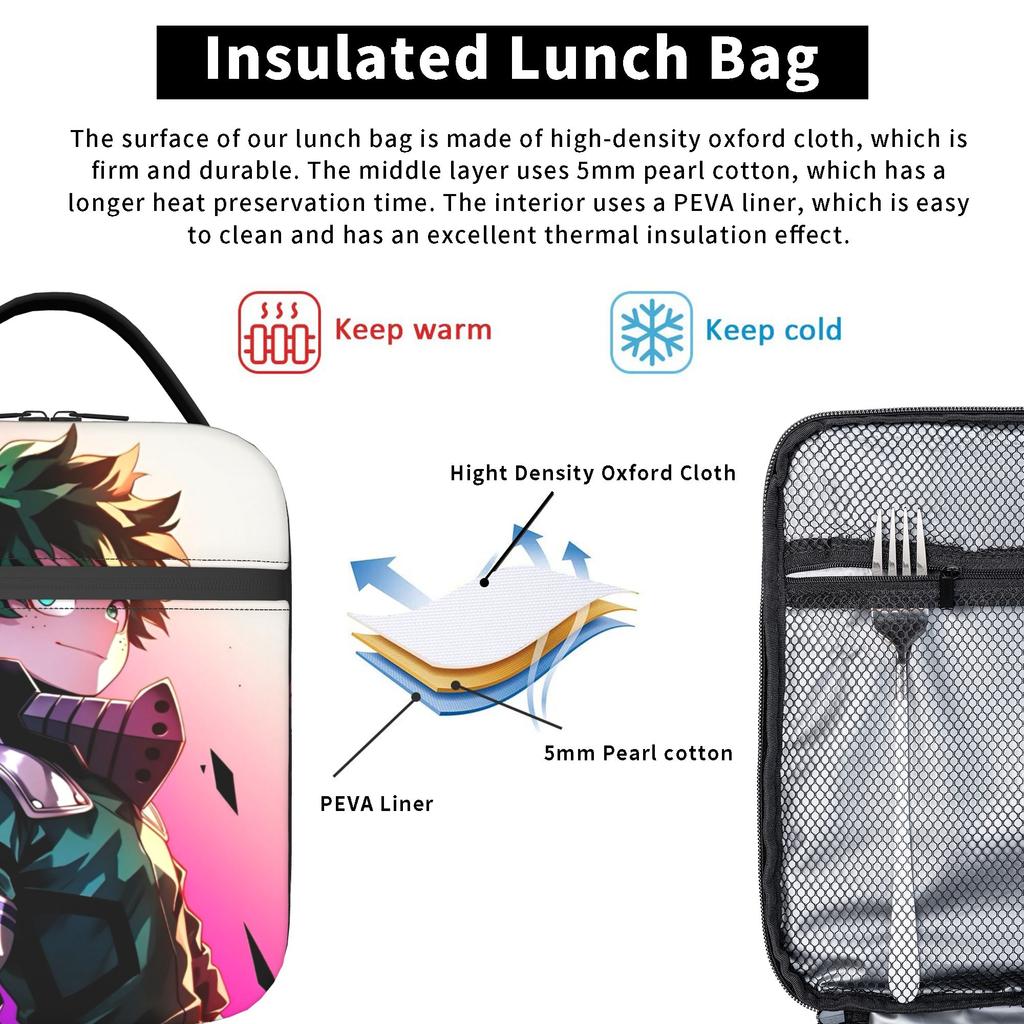 MHA Insulated Lunch Bags High Capacity Anime Reusable Cooler Bag Tote Lunch Box Office Picnic Food Storage Bags