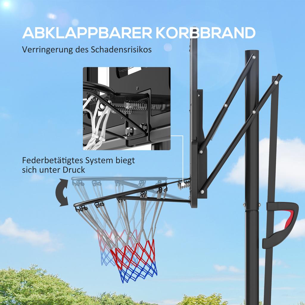 Basketball Stand, Height-Adjustable Hoop Height 235-305 cm, Fillable Base with Wheels, Black