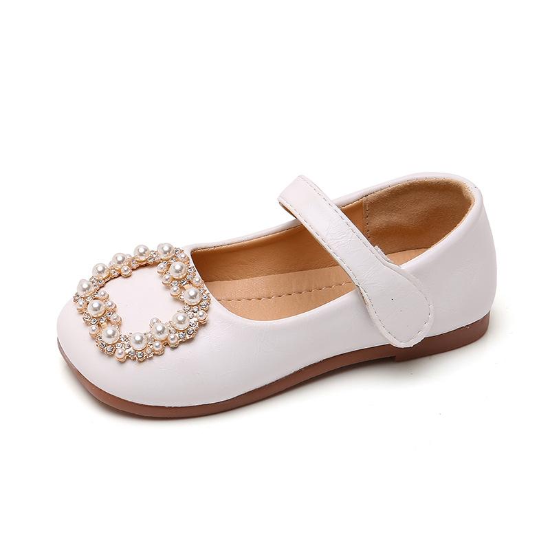 Girls Leather Shoes Kids School Flats Children Dress Shoes Princess Sweet Soft with Heart Shape Square Rhinestone Pearls Party