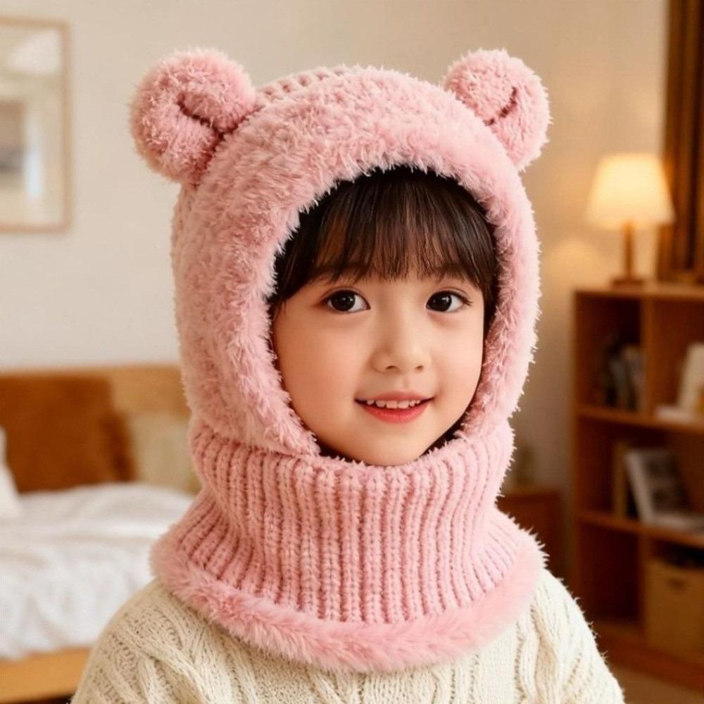 Fluffy Bear Ear Knitted Hat Solid Color Scarf Cap Fashion Baby Hooded Hat Toddler