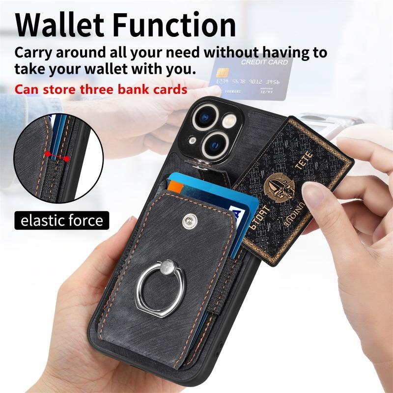 Retro Metal Ring Car Mount Magnetic Card Holder Pu Leather Phone Case For Iphone 18