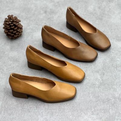 Chaussures pour femmes en cuir rétro à talon épais printemps/été 2024 - Talon moyen, polyvalentes, décontractées faites à la main