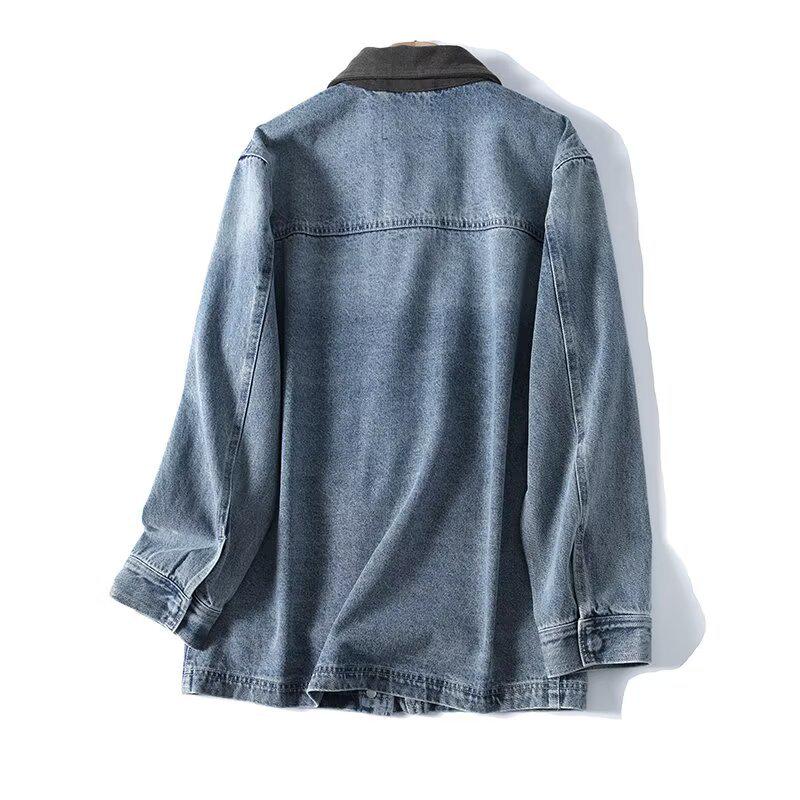 Korean Retro Color Block Lapel Pocket Denim Jacket - Women's Long Sleeve Autumn Style