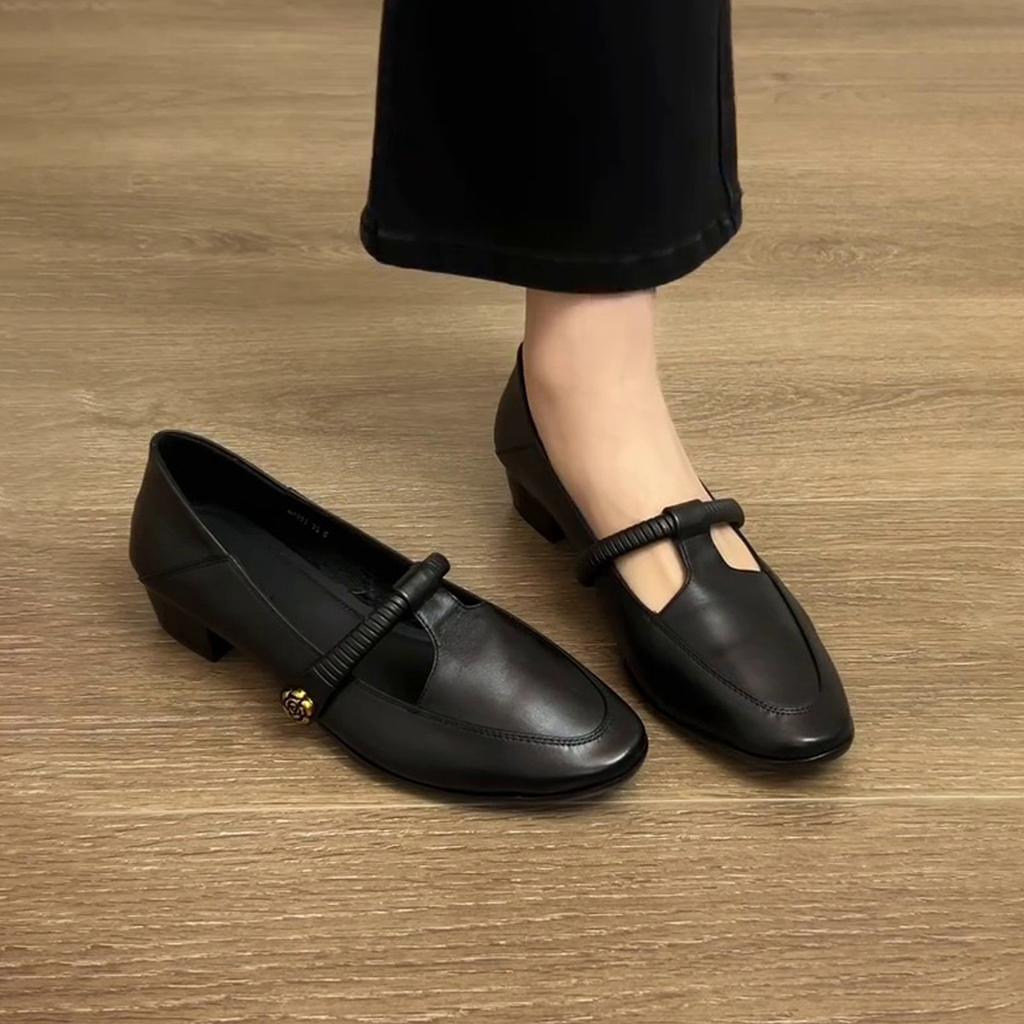 Sheepskin version~ Retro camellia round head Mary Jane women's shoes commuting T-word with shallow mouth French temperament thick heel single shoes