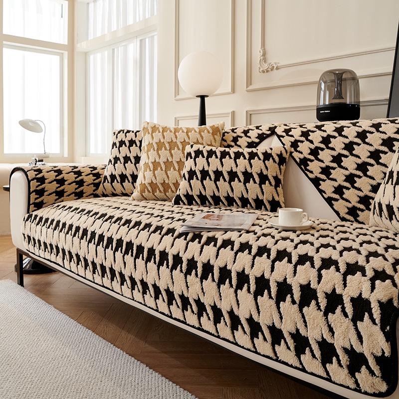 Plush Sofa Cushion  New Thousand Bird Grid Non-Slip Seat Cushion Light Luxury High Sense Three Seats One Princess Sofa Cover