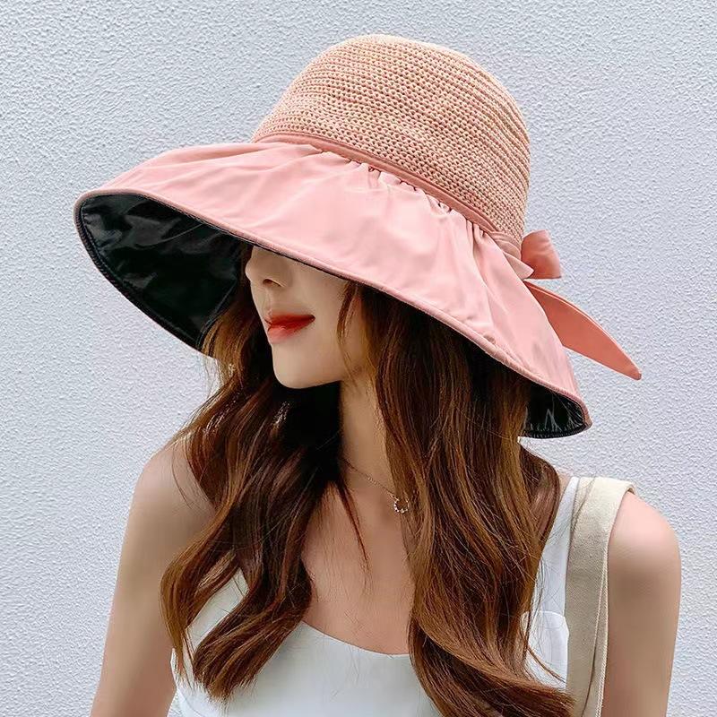 New summer versatile outdoor visor big brim bucket hat portable sunscreen sun hat bow women's hat
