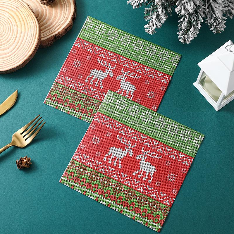 Red & Green Christmas Reindeer Knitted Disposable Napkins for Hotel Decor