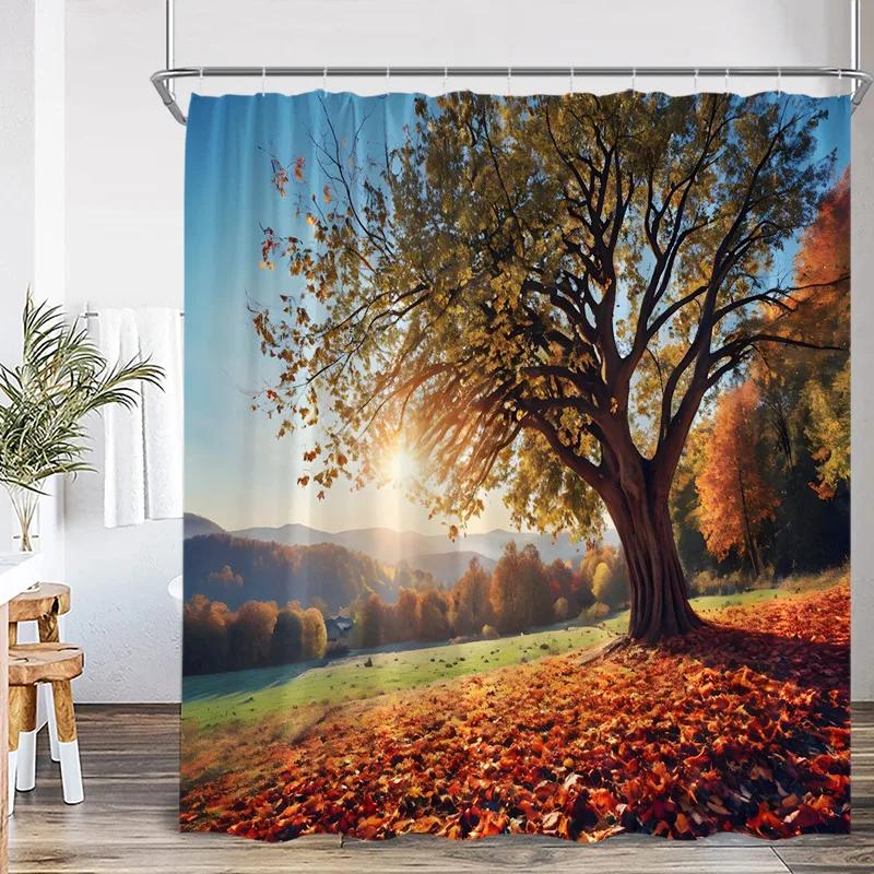 Autumn Forest Landscape Shower Curtains Red Maple Trees Waterfall Log Cabin Bear Fall Scenery Fabric Home Bathroom Curtain Decor