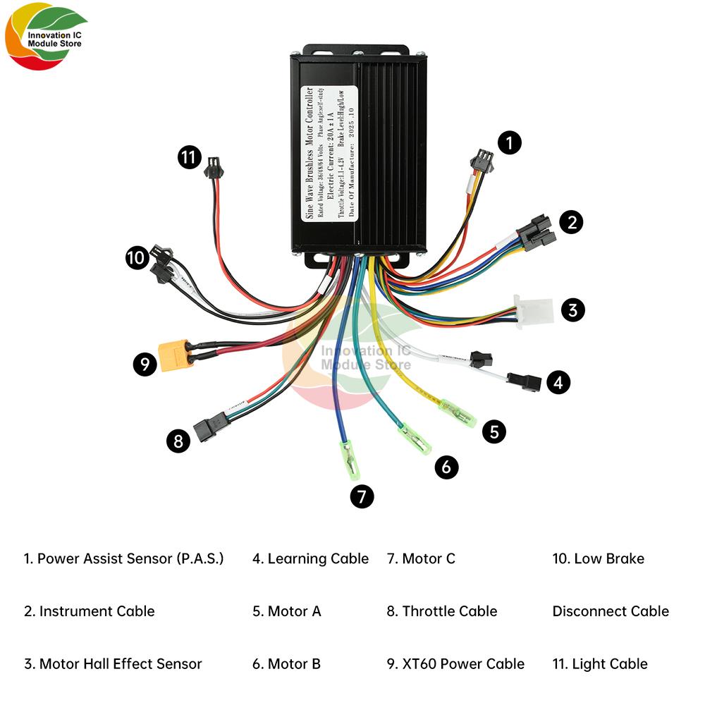 36V 48V 20A Sinusový bezkartáčový regulátor motoru 350W-500W Kompatibilní s SM konektory LCD displej Elektrické kolo