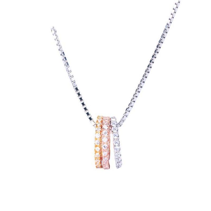 S925 Sterling Silver Necklace Women's Fashionable Korean-Style Three-Color Circle Full Diamond Necklace Box Necklace Silver Jewelry Necklace