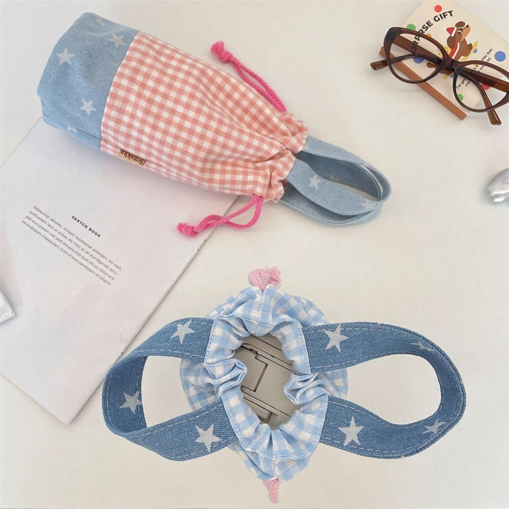 Water Bottle Holder Water Bottle Cover Grid Small Storage Bag Cute Drawstring Canvas Cup Bag  Girls