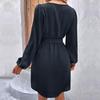 Women Spring Solid Color V Neck Long Sleeve Lace Up All Match Chic Dresses