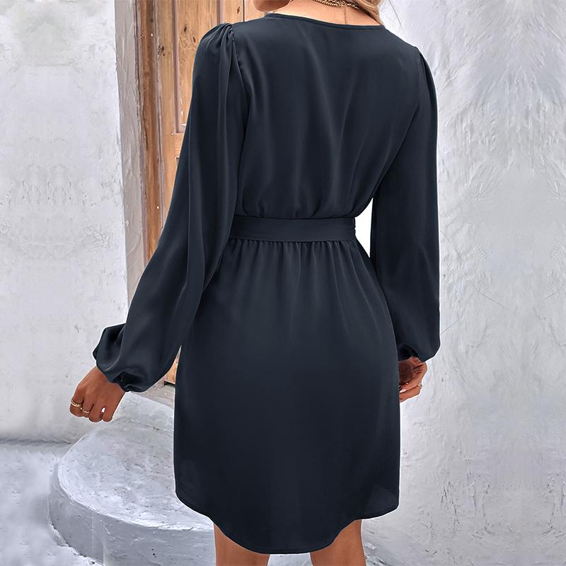 Women Spring Solid Color V Neck Long Sleeve Lace Up All Match Chic Dresses